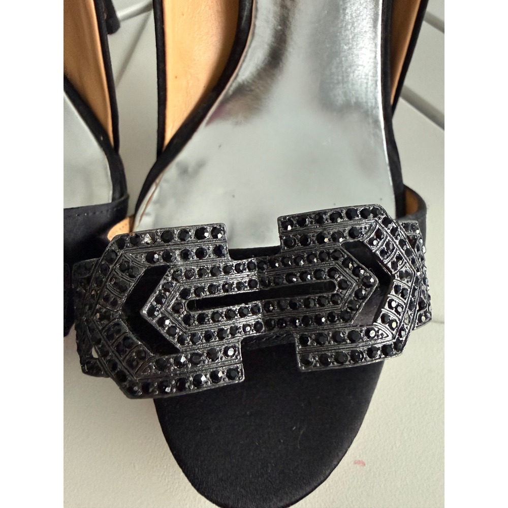 Badgley Mischka Black Satin Crystal Embellished Open Toe Pumps Heels Womens 7M - Picture 9 of 10